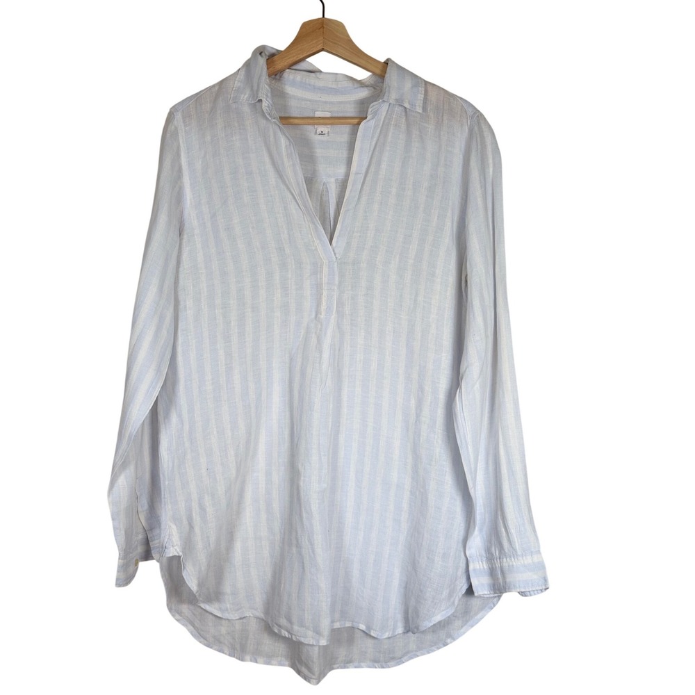 Gap Womens Blue White Striped 100% Linen Split Neck Tunic Shirt Size M 1166